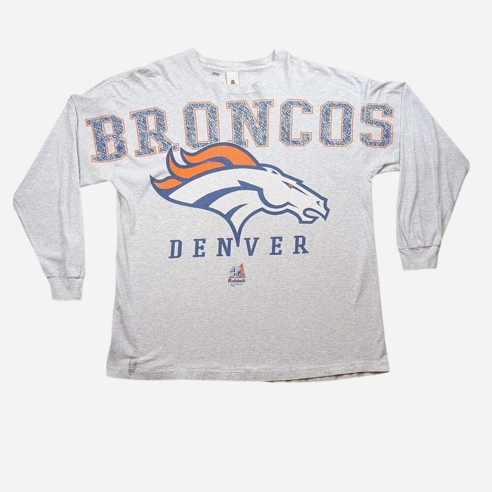 Vintage Denver Broncos Gray Long Sleeve T-shirt NFL Football Riddell Size XL AOP